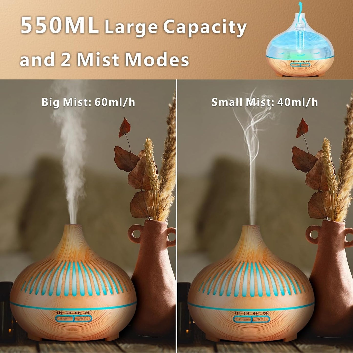Essential Oil Diffuser, Sunfuny 550Ml Aroma Oil Diffuser with Remote Control, Aromatherapy Air Humidifier Ultrasonic Fragrance Vaporizer with LED Light for Home, Bedroom, Dad'S Gift(Hollow Wood Grain)