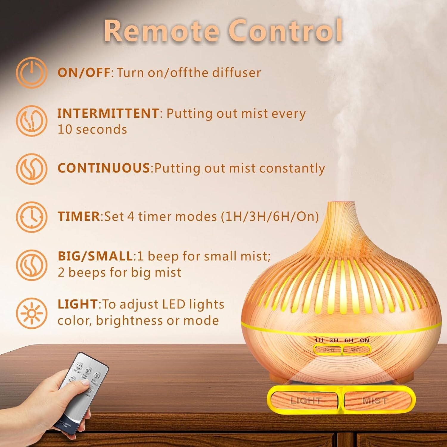 Essential Oil Diffuser, Sunfuny 550Ml Aroma Oil Diffuser with Remote Control, Aromatherapy Air Humidifier Ultrasonic Fragrance Vaporizer with LED Light for Home, Bedroom, Dad'S Gift(Hollow Wood Grain)