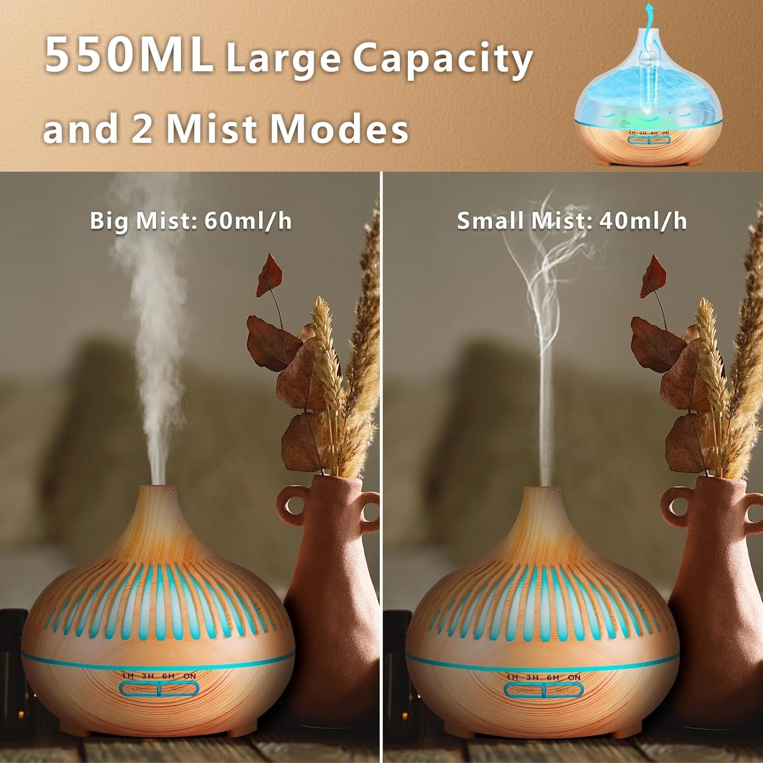 Essential Oil Diffuser, Sunfuny 550Ml Aroma Oil Diffuser with Remote Control, Aromatherapy Air Humidifier Ultrasonic Fragrance Vaporizer with LED Light for Home, Bedroom, Dad'S Gift(Hollow Wood Grain)